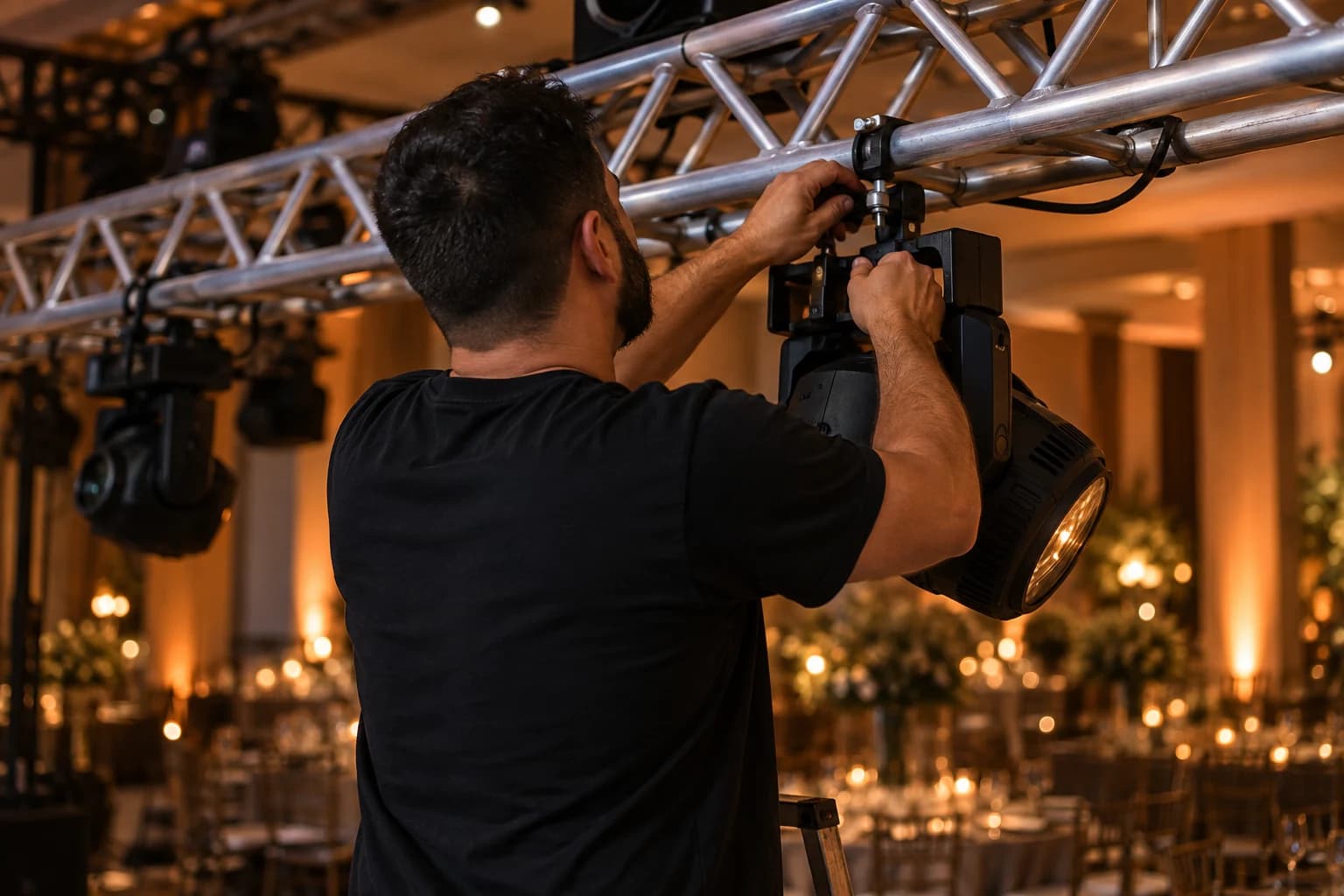 Profissional preparando a iluminação de um evento